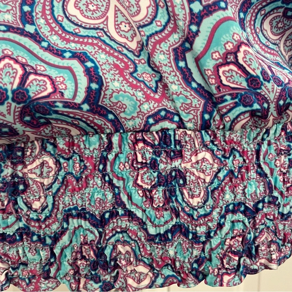 Michael Kors Blouse M/L Blue Multi Pattern RollTab Sleeve Elastic Gathered Waist